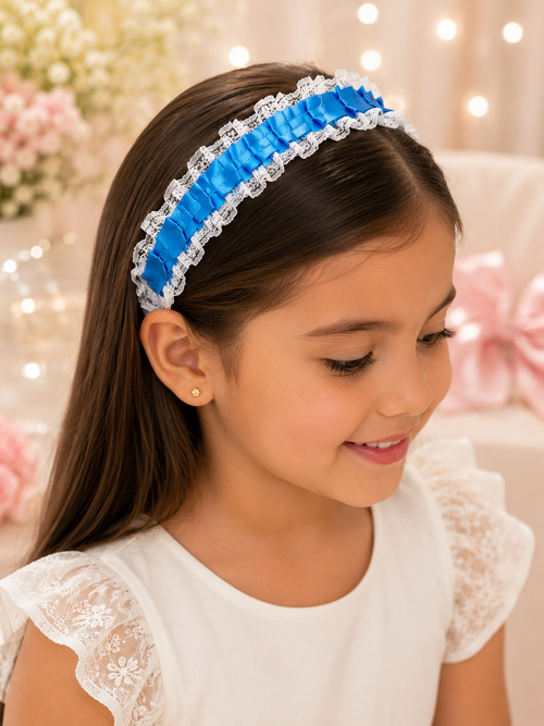 Diadema tejida de satén azul y encaje blanco