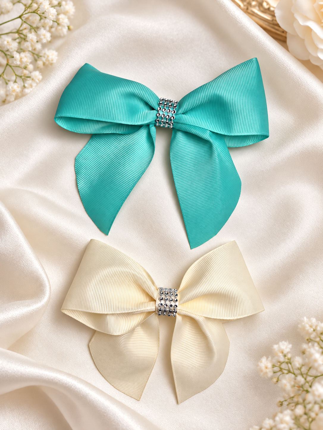 Green & Ivory Rhinestone Bow Clip Set – 2 Handmade Hair Bows