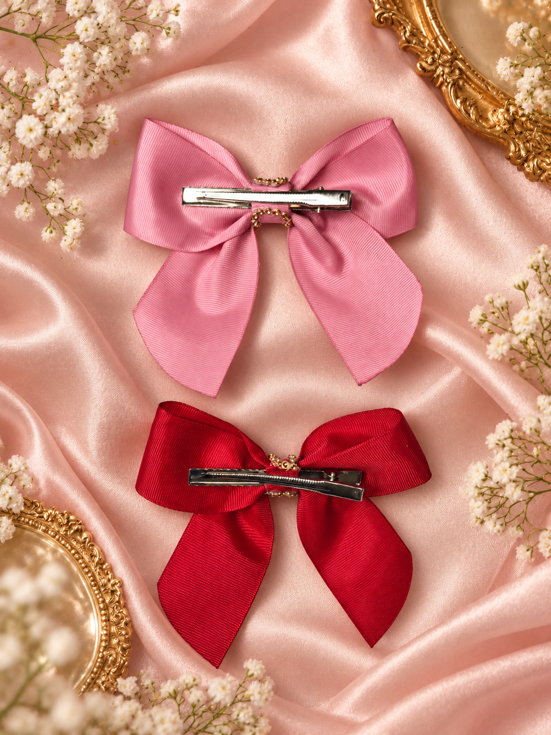 Elegant Grosgrain Hair Bow with Gold Pearl Center