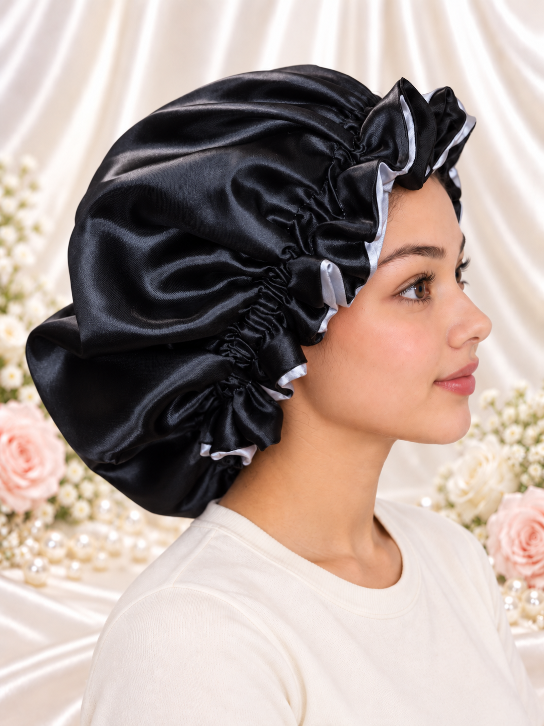 Silver Gray & Black Reversible Satin Bonnet