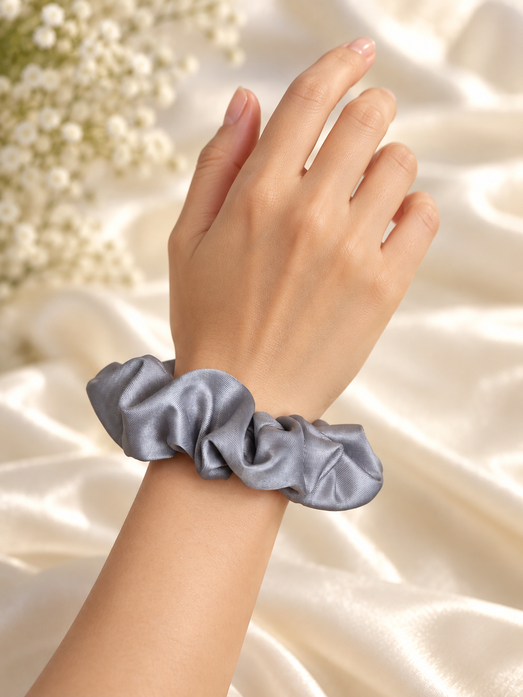 Silver Satin Scrunchie – Elegant Handmade Hair Tie