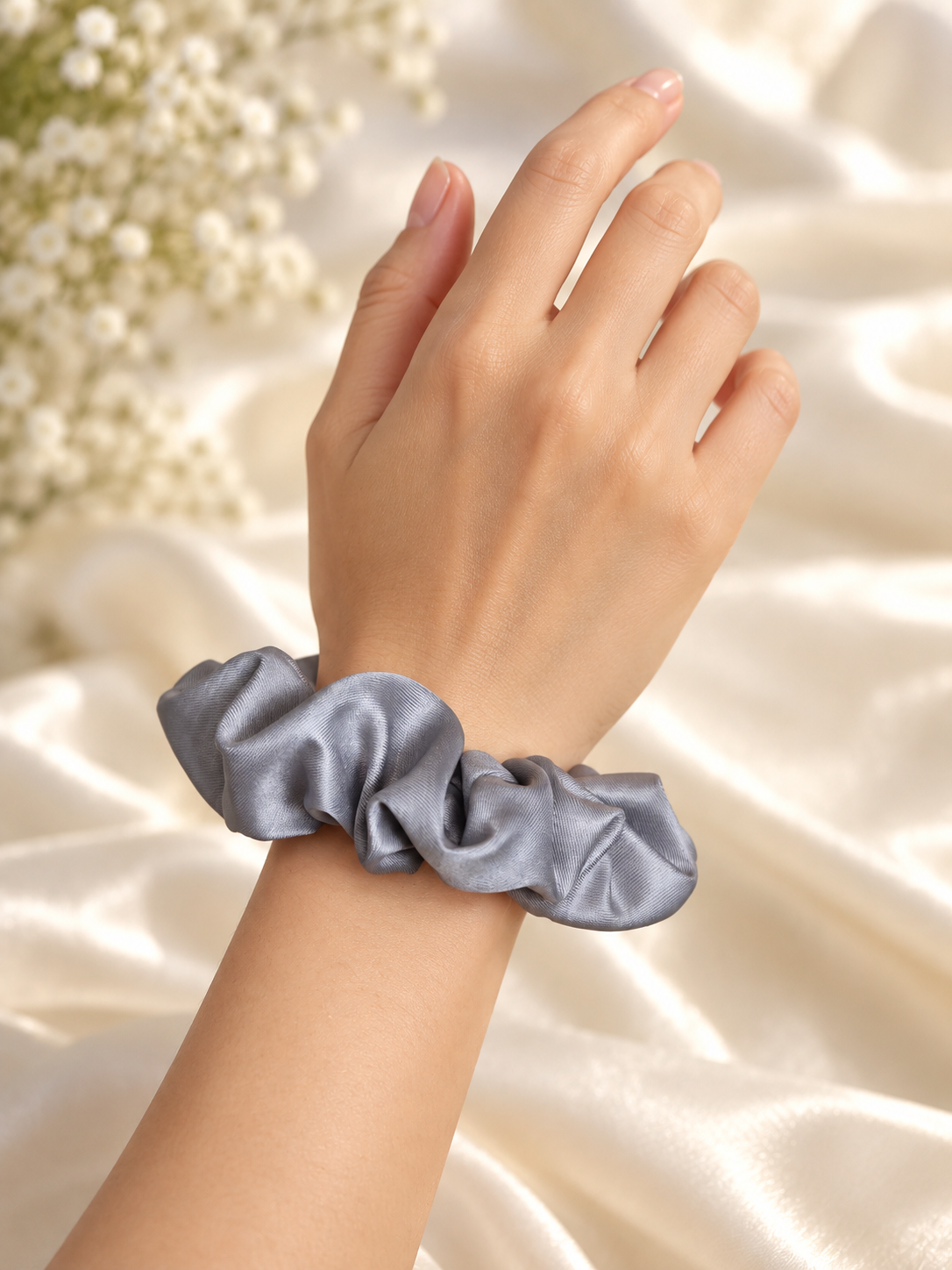 Silver Satin Scrunchie – Elegant Handmade Hair Tie