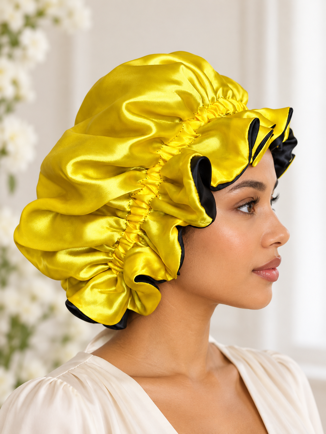 Yellow & Black Satin Ruffle Bonnet