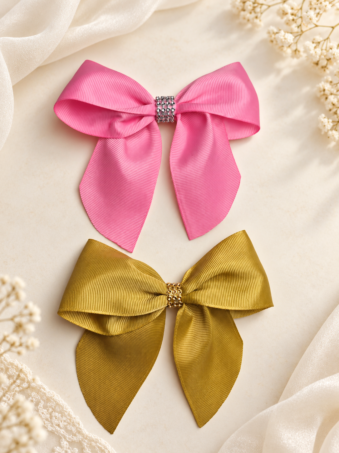 Pink & Mustard Gold Bow Set – 2 Handmade Grosgrain Hair Bows