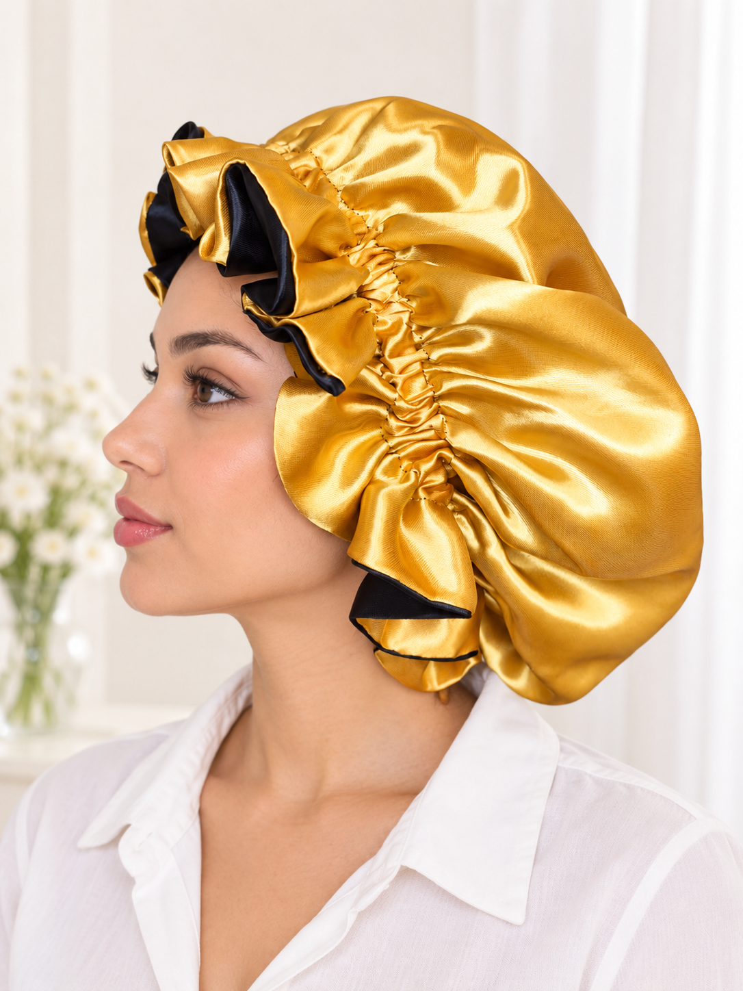 Black & Gold Reversible Satin Bonnet – Handmade with Ruffled Edge
