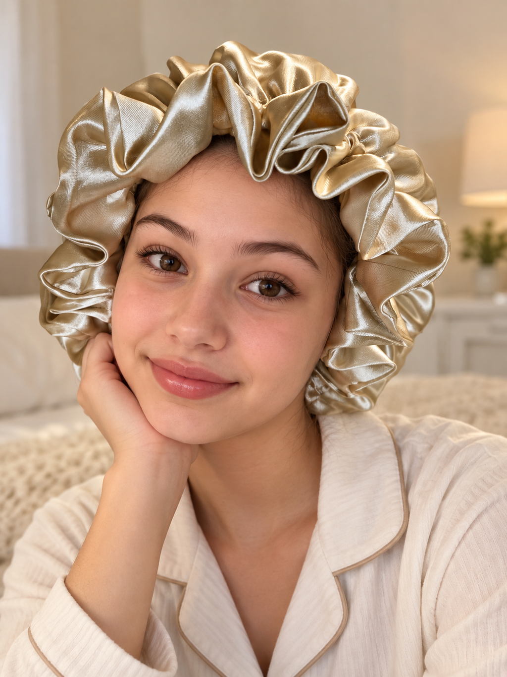 Bonnet en satin champagne à bordure volantée
