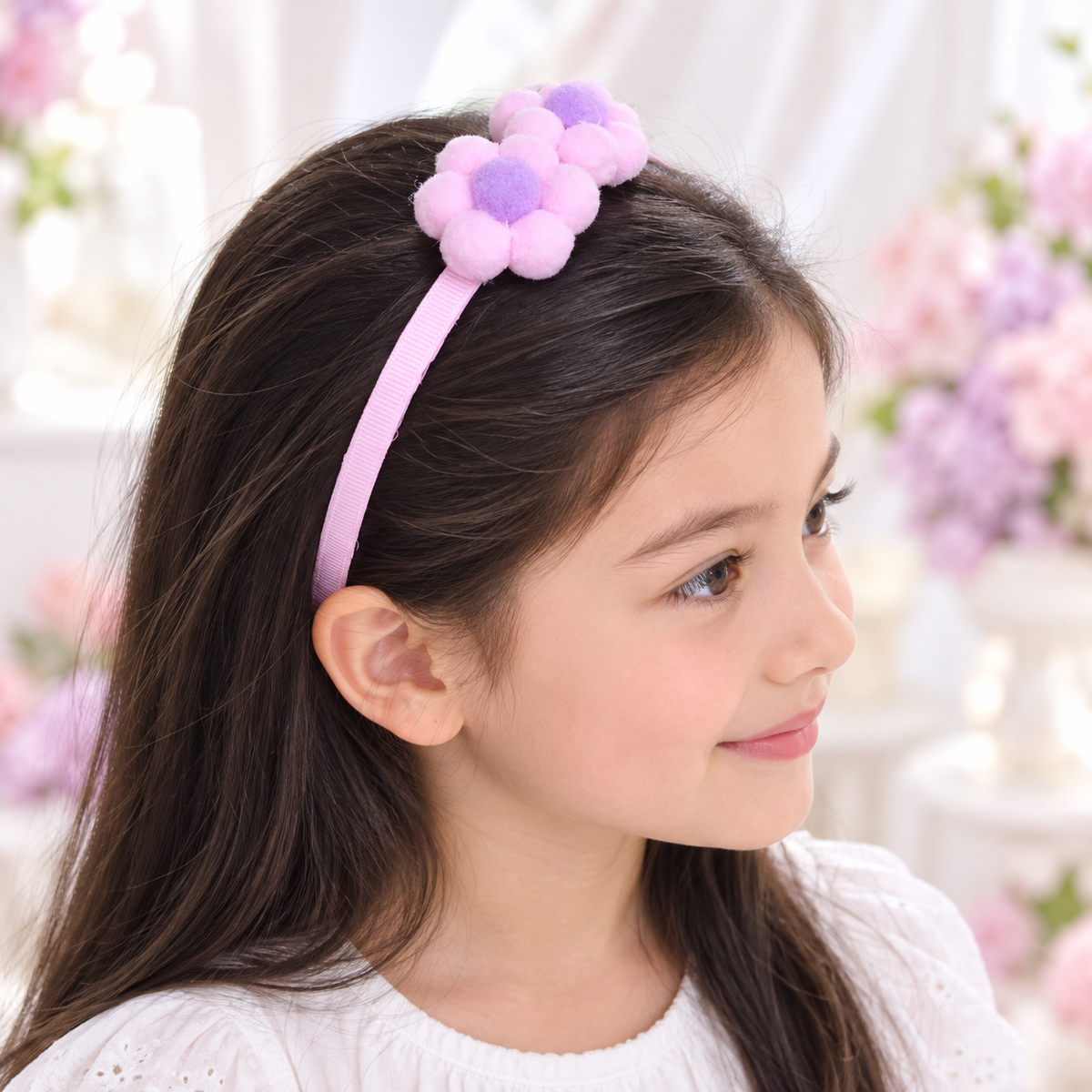 Pink & Lilac Pom-Pom Flower Headband for Girls