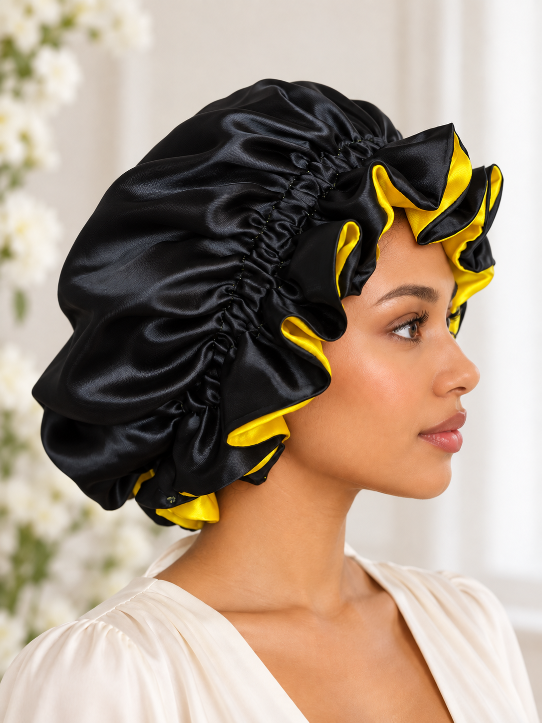 Yellow & Black Satin Ruffle Bonnet