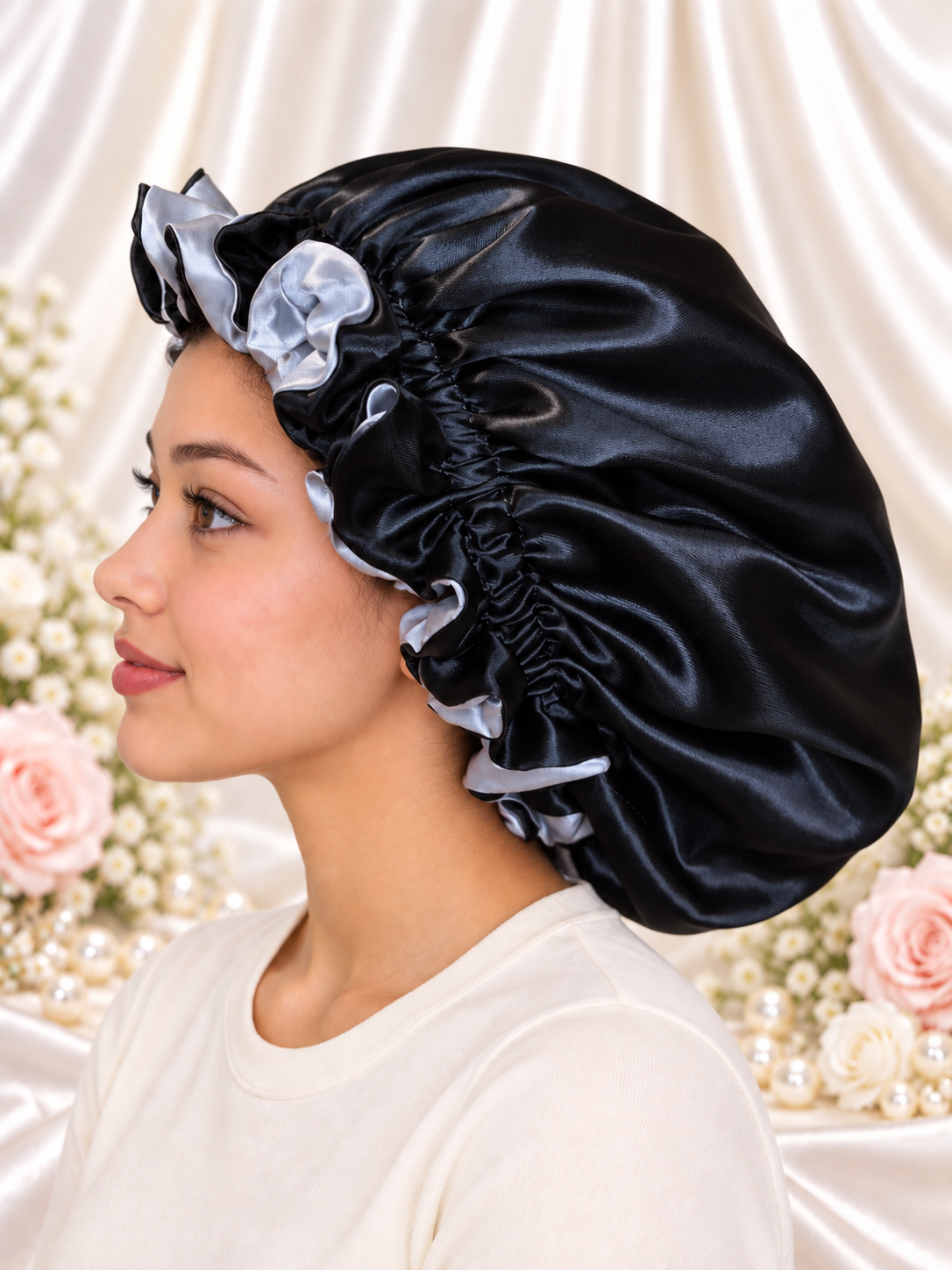 Silver Gray & Black Reversible Satin Bonnet