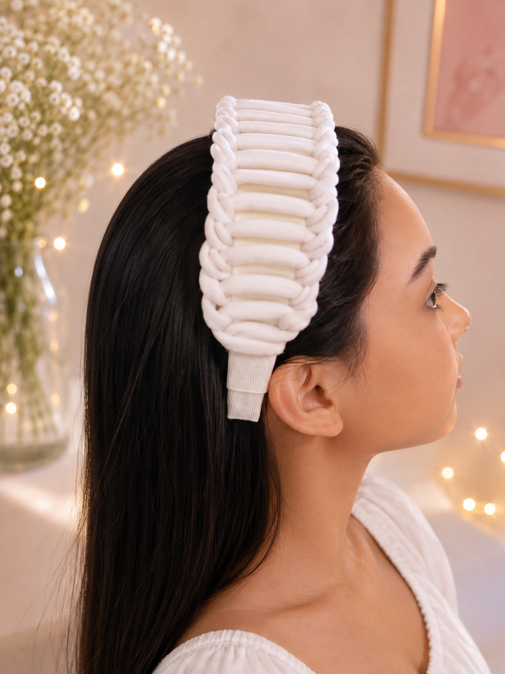 Diadema ancha trenzada de color marfil
