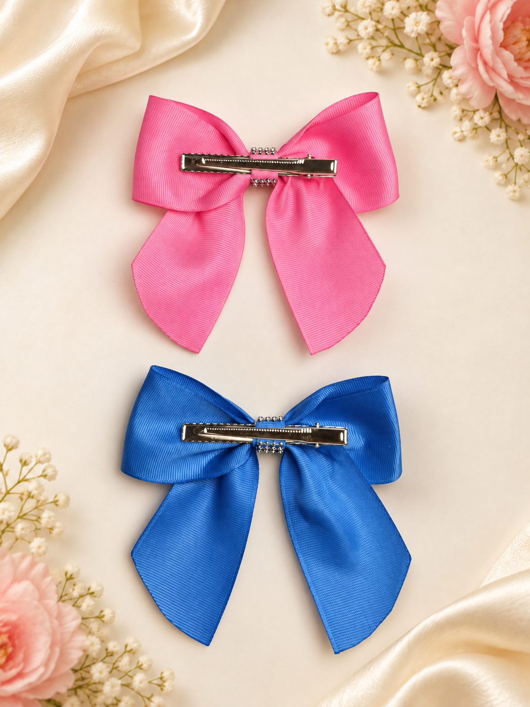 Pink & Royal Blue Rhinestone Bow Set – Handmade Hair Clips