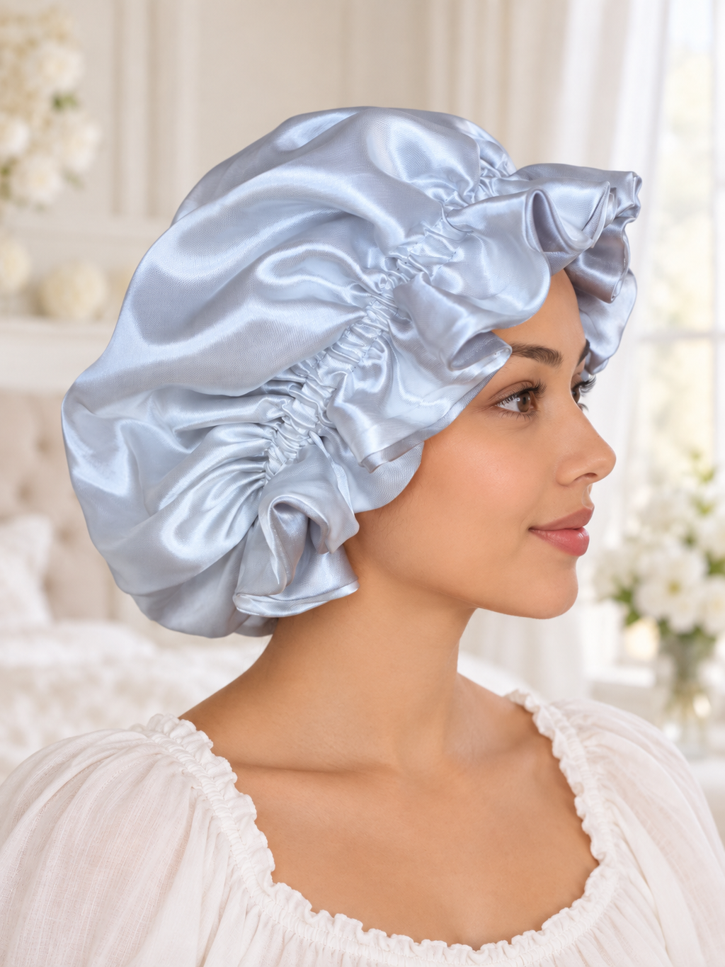 White & Gray Elegance Ruffled Satin Bonnet