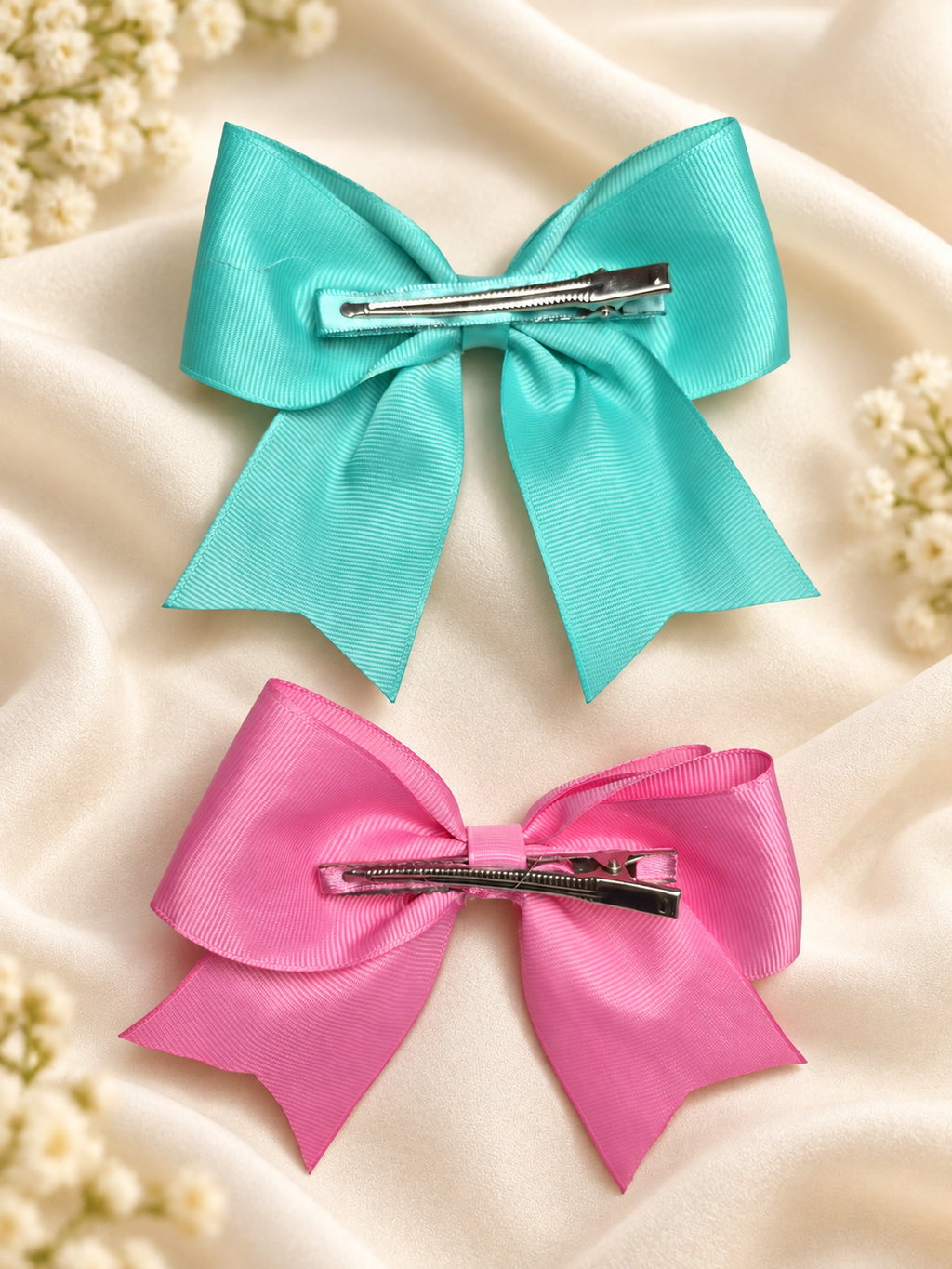 Juego de 2 lazos para el cabello hechos a mano en grogrén – Verde agua y rosa