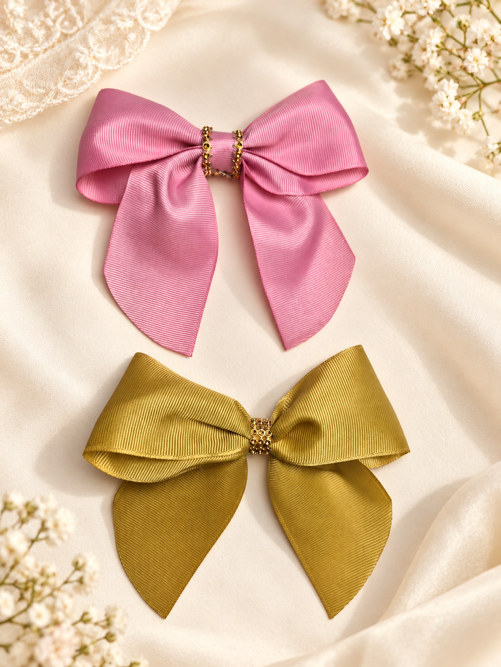 Set of 2 Long-Tail Hair Bows – Pink & Mustard