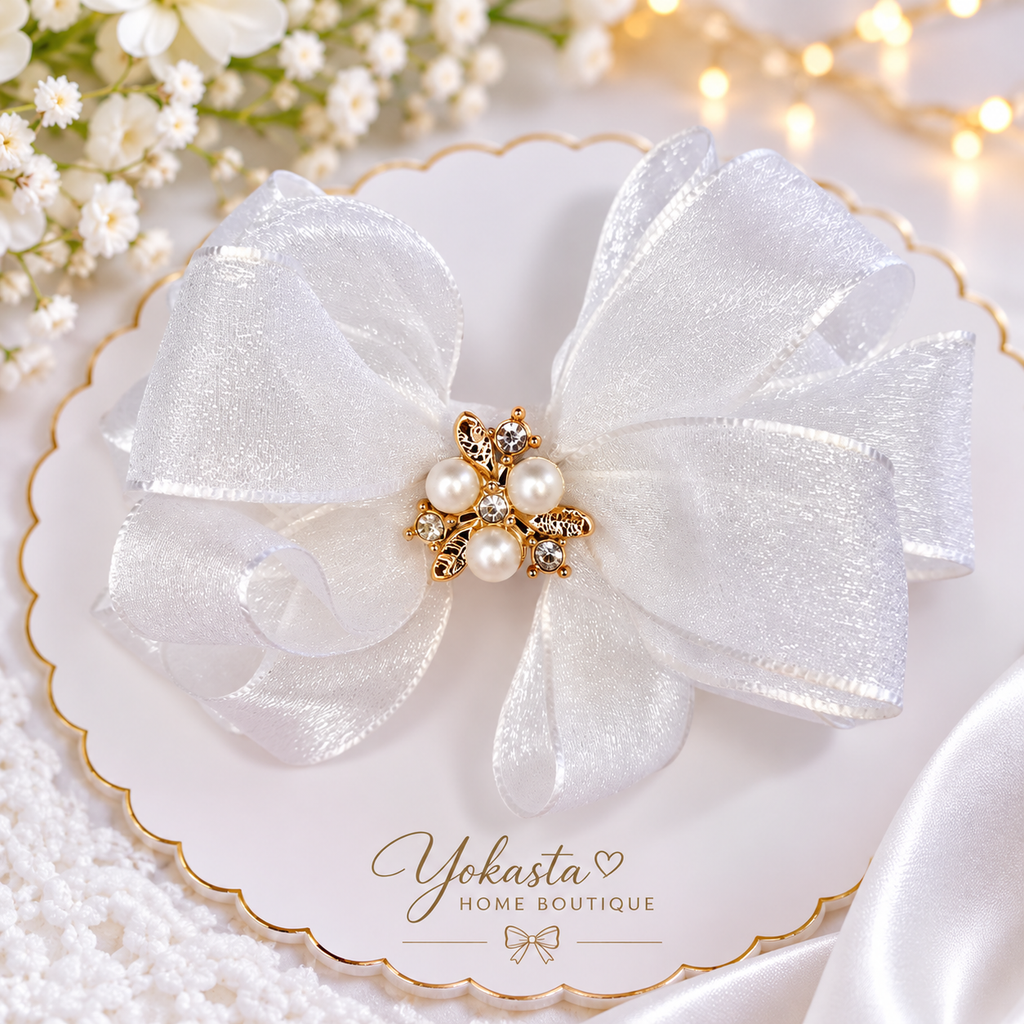 Pearl Blossom White Organza Hair Bow