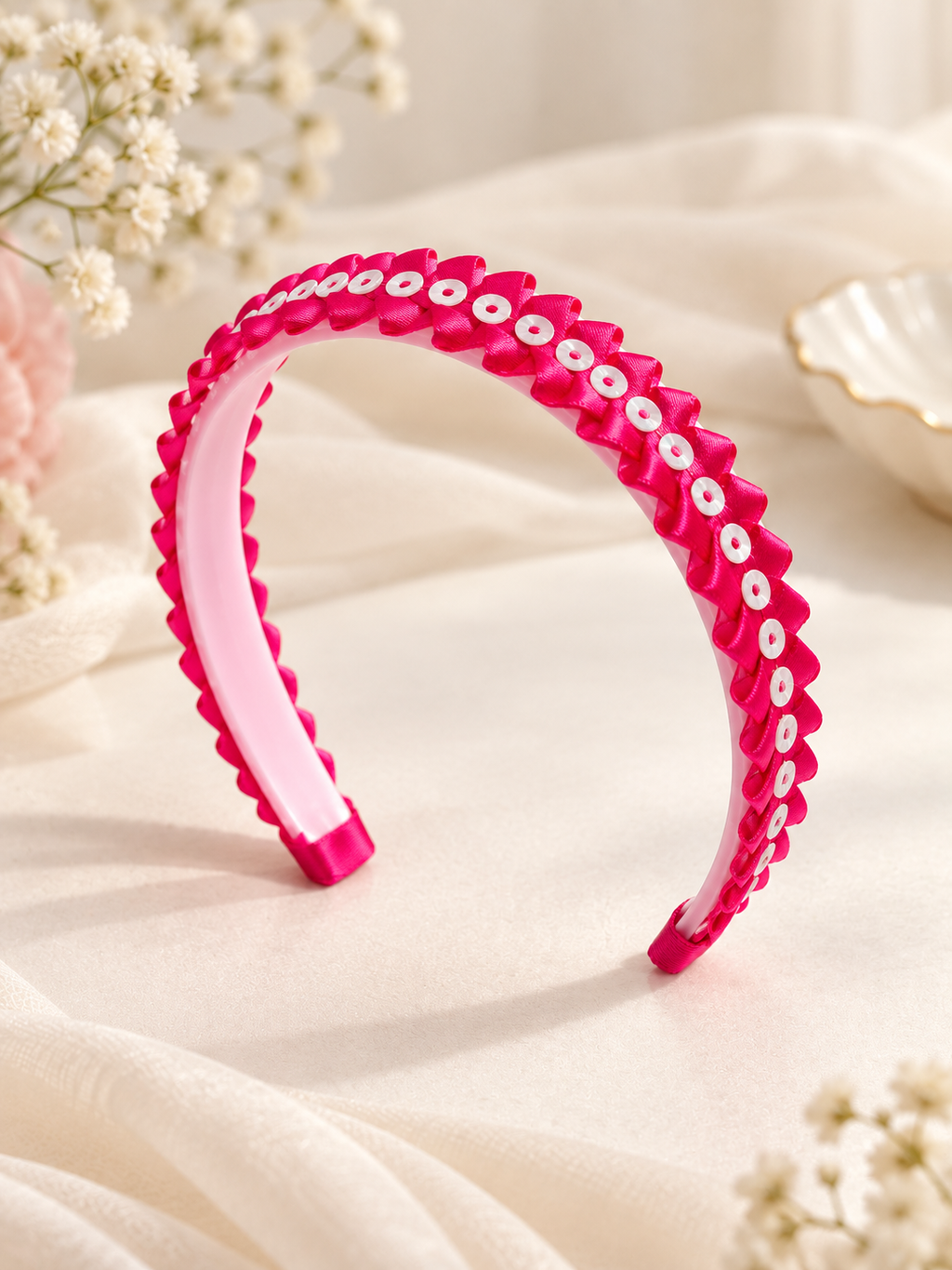 Handmade Fuchsia Pink Ribbon Headband with Iridescent Accents