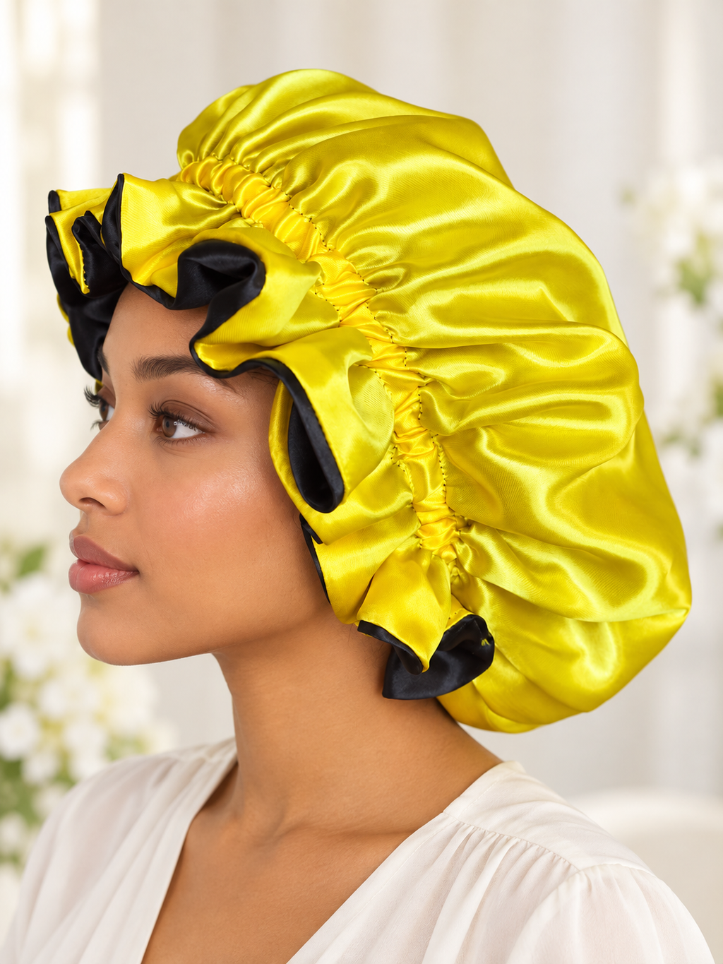 Yellow & Black Satin Ruffle Bonnet