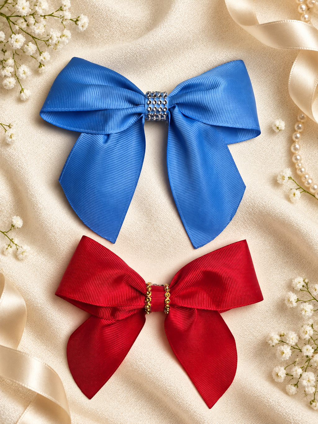 Blue and Red Grosgrain Bow Set – 2 Handmade Hair Clips