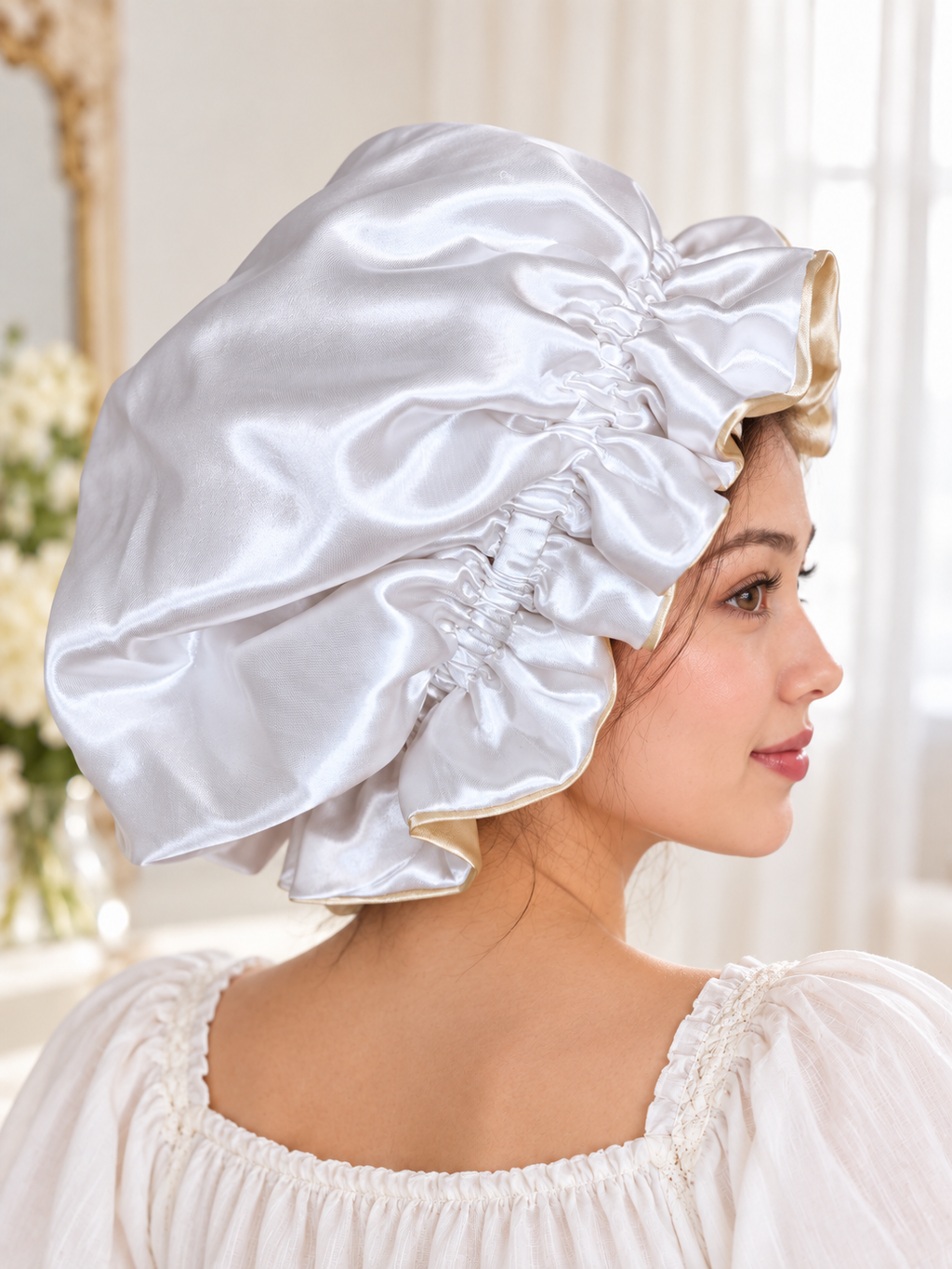 Champagne & White Reversible Satin Bonnet