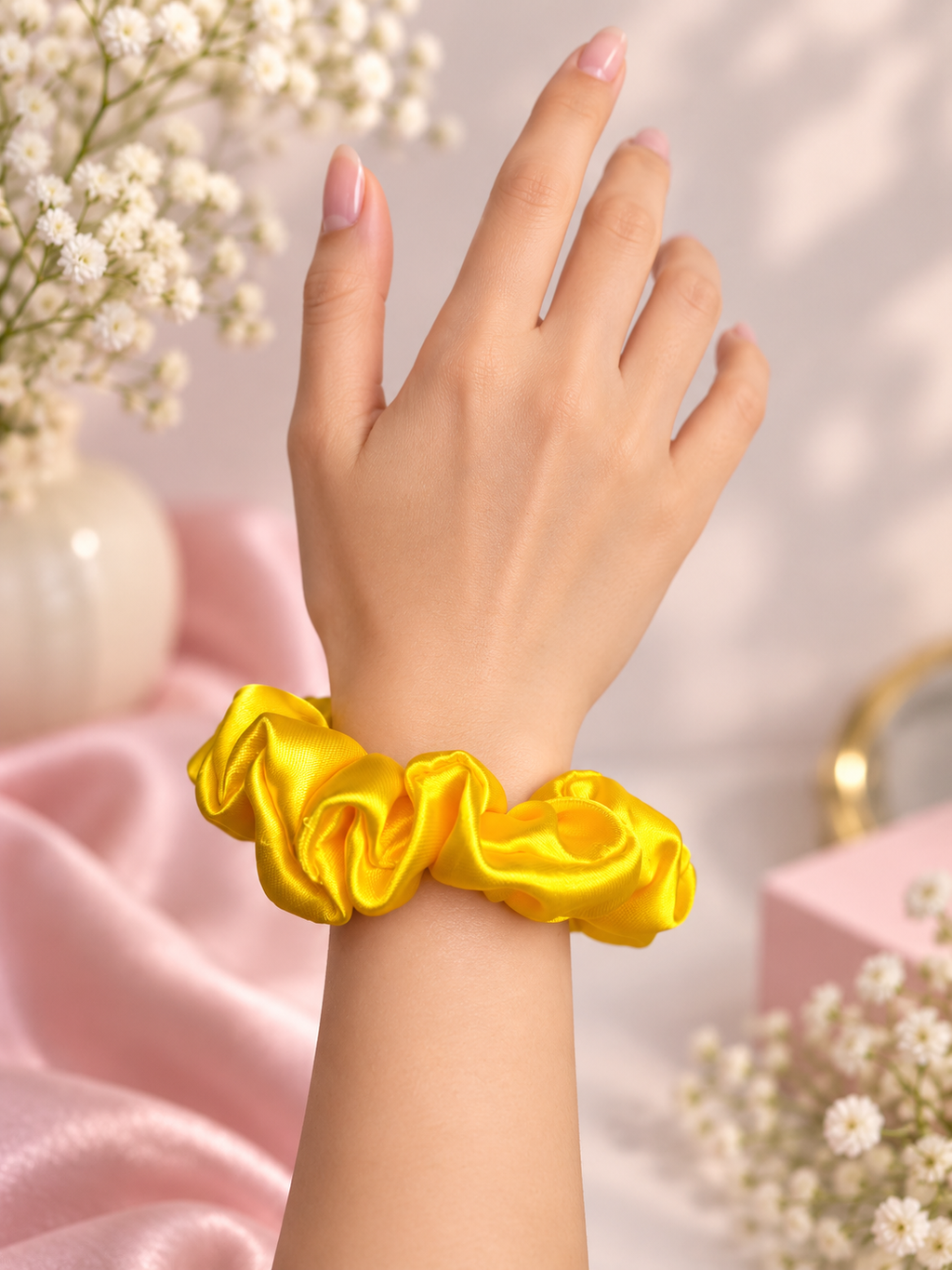 Golden Yellow Satin Scrunchie – Handmade Hair Accessory