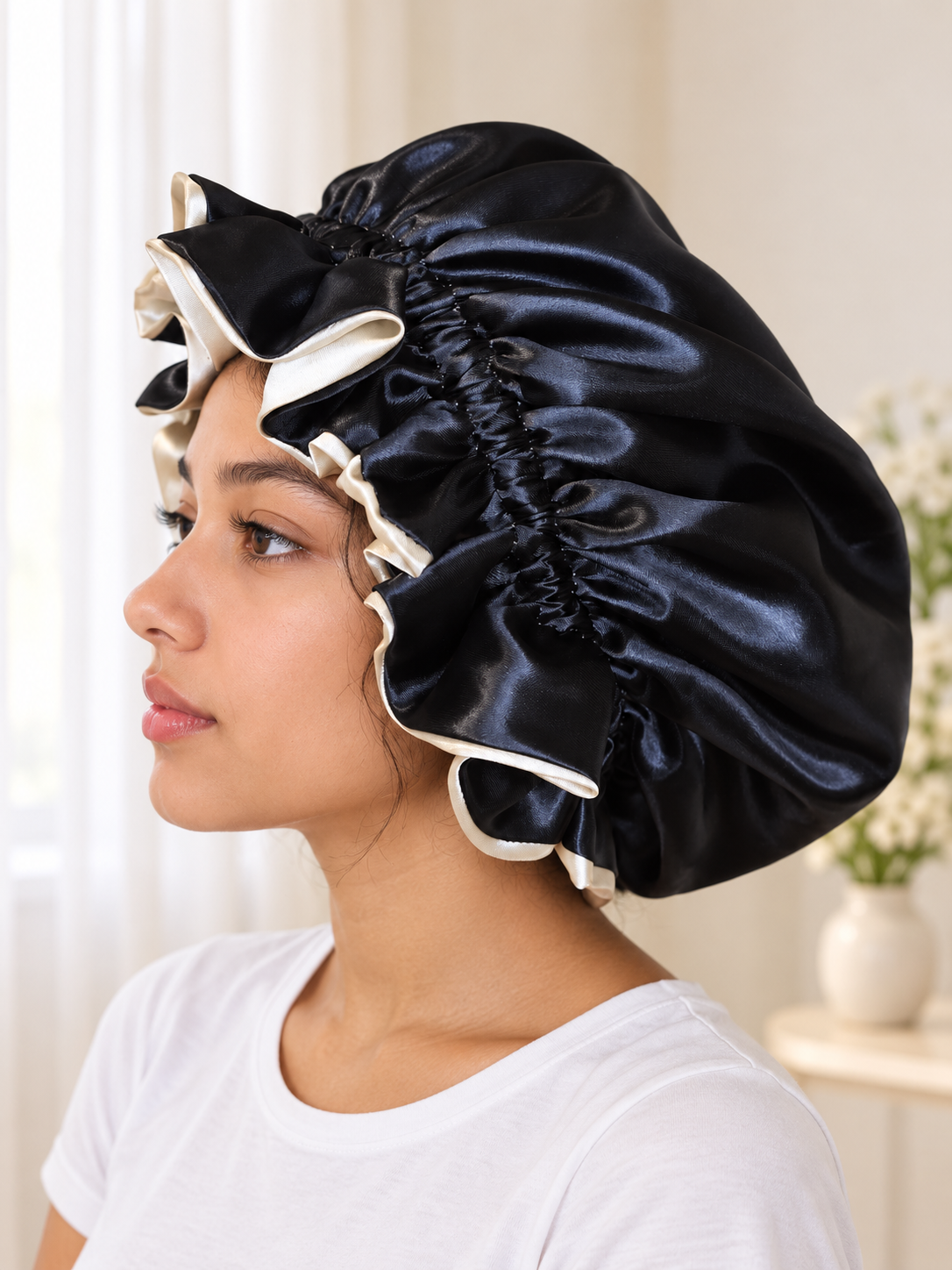 Black & Champagne Reversible Satin Bonnet – Handmade