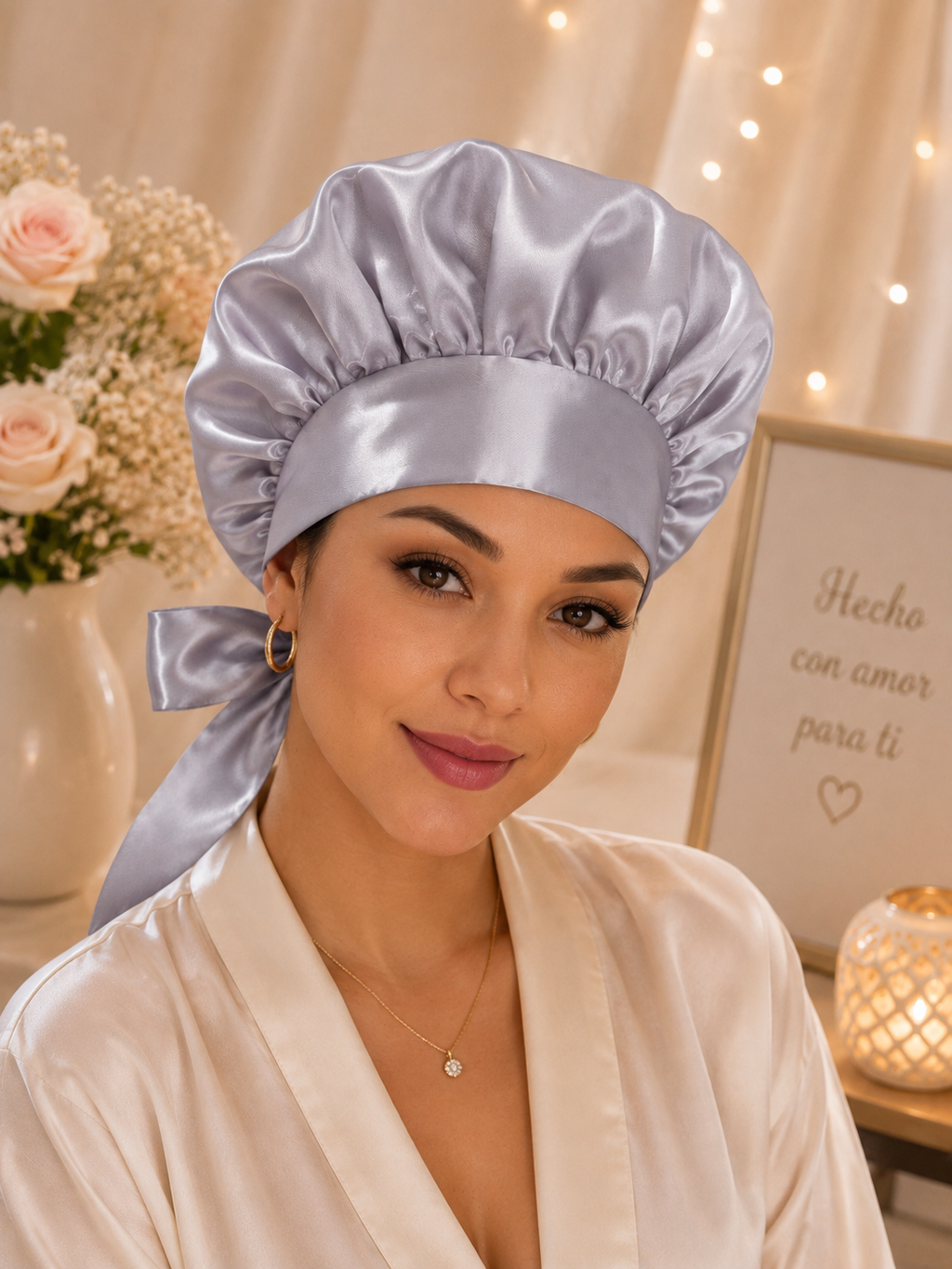 Silver Satin Bonnet with Elegant Bow