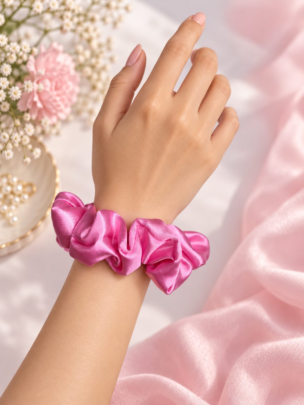 Pink Satin Scrunchie – Handmade Hair Accessory