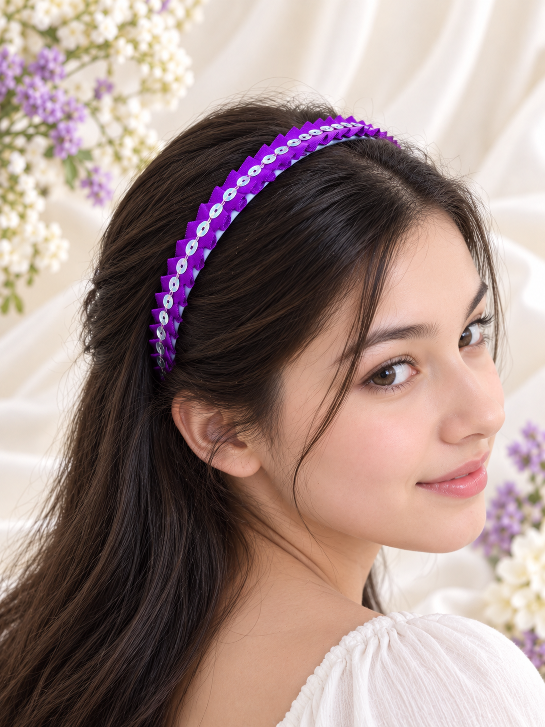 Handmade Purple Ribbon Headband with Iridescent Sequins