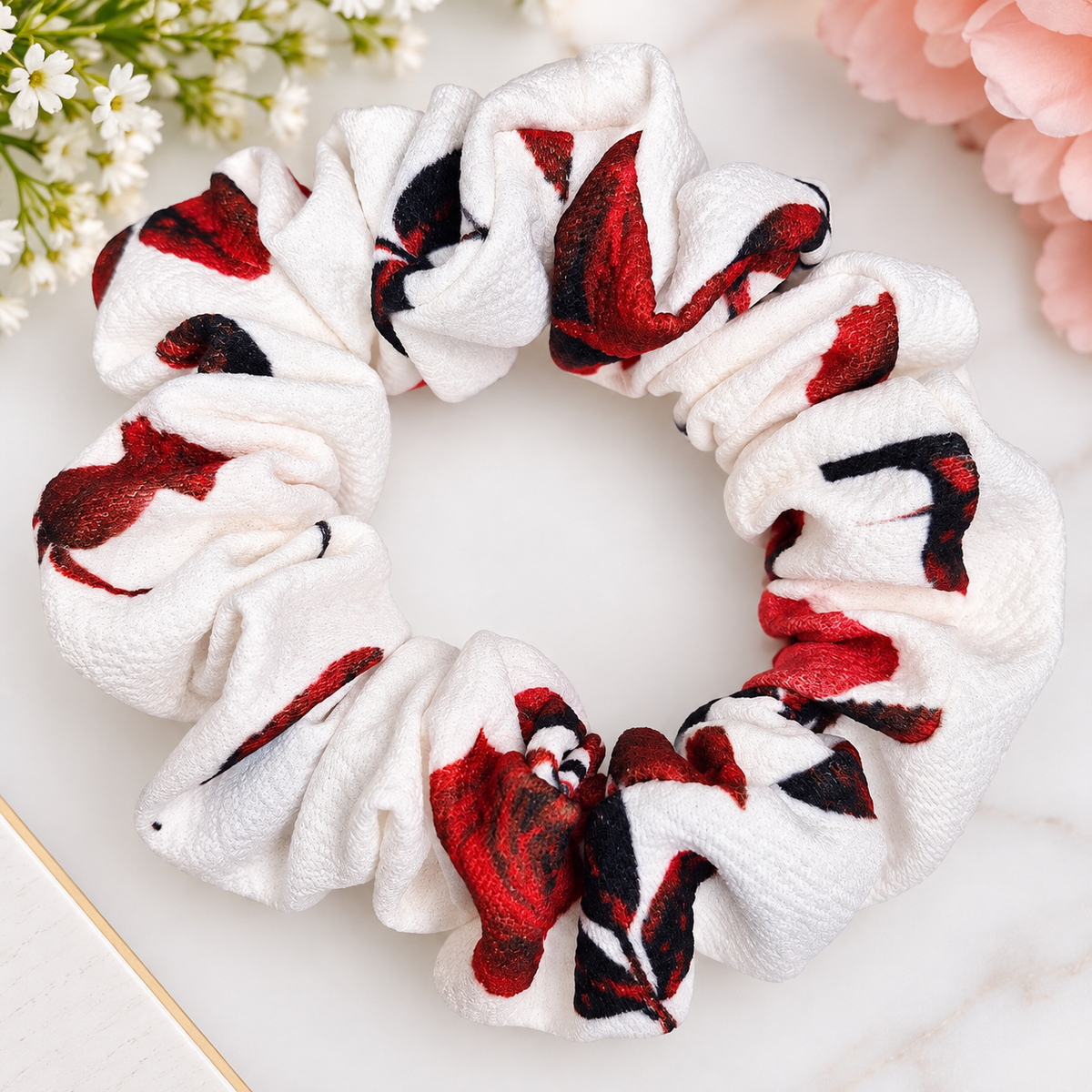 Ruby Bloom Floral Scrunchie – Handmade Hair Accessory