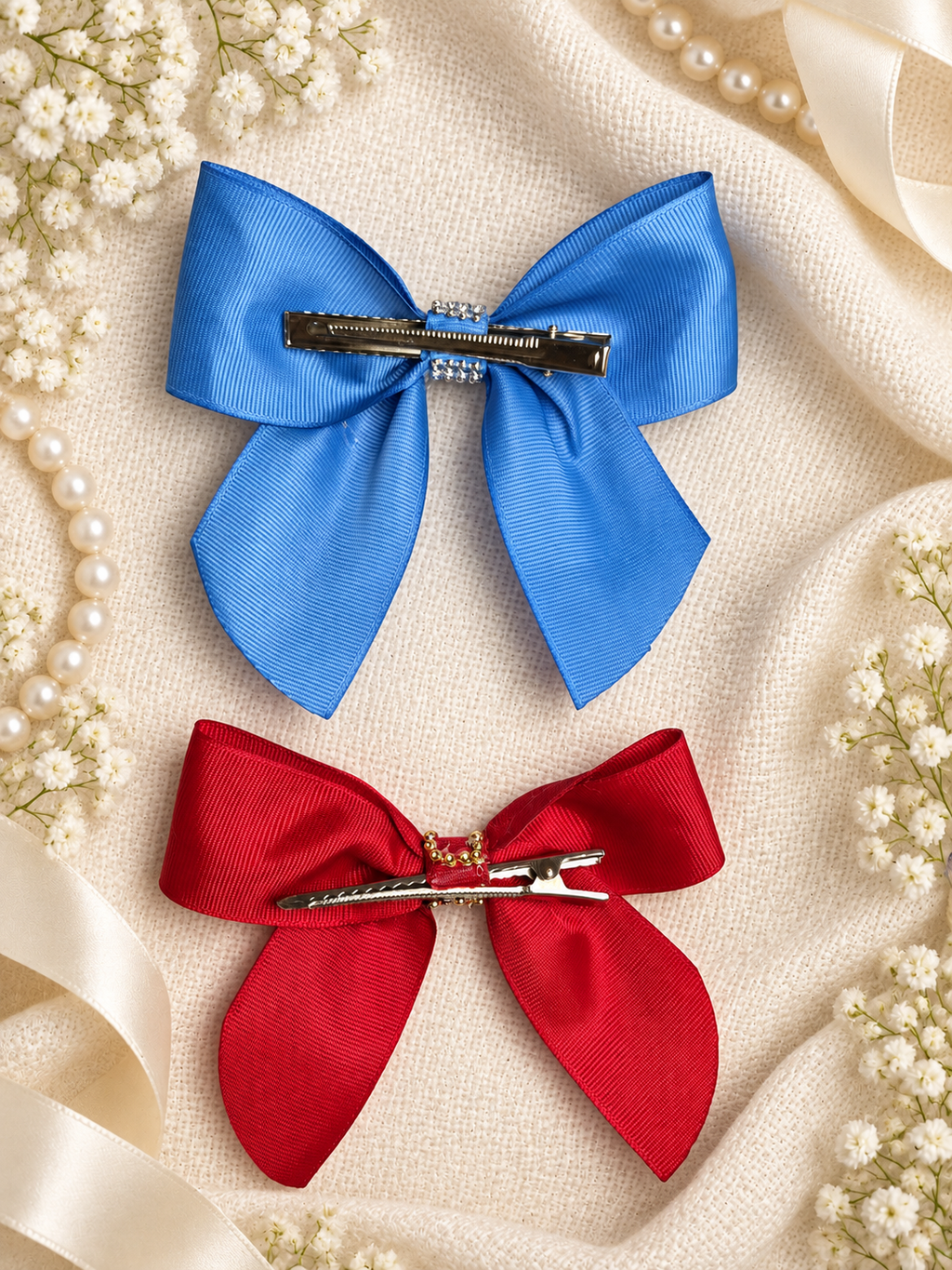 Blue and Red Grosgrain Bow Set – 2 Handmade Hair Clips