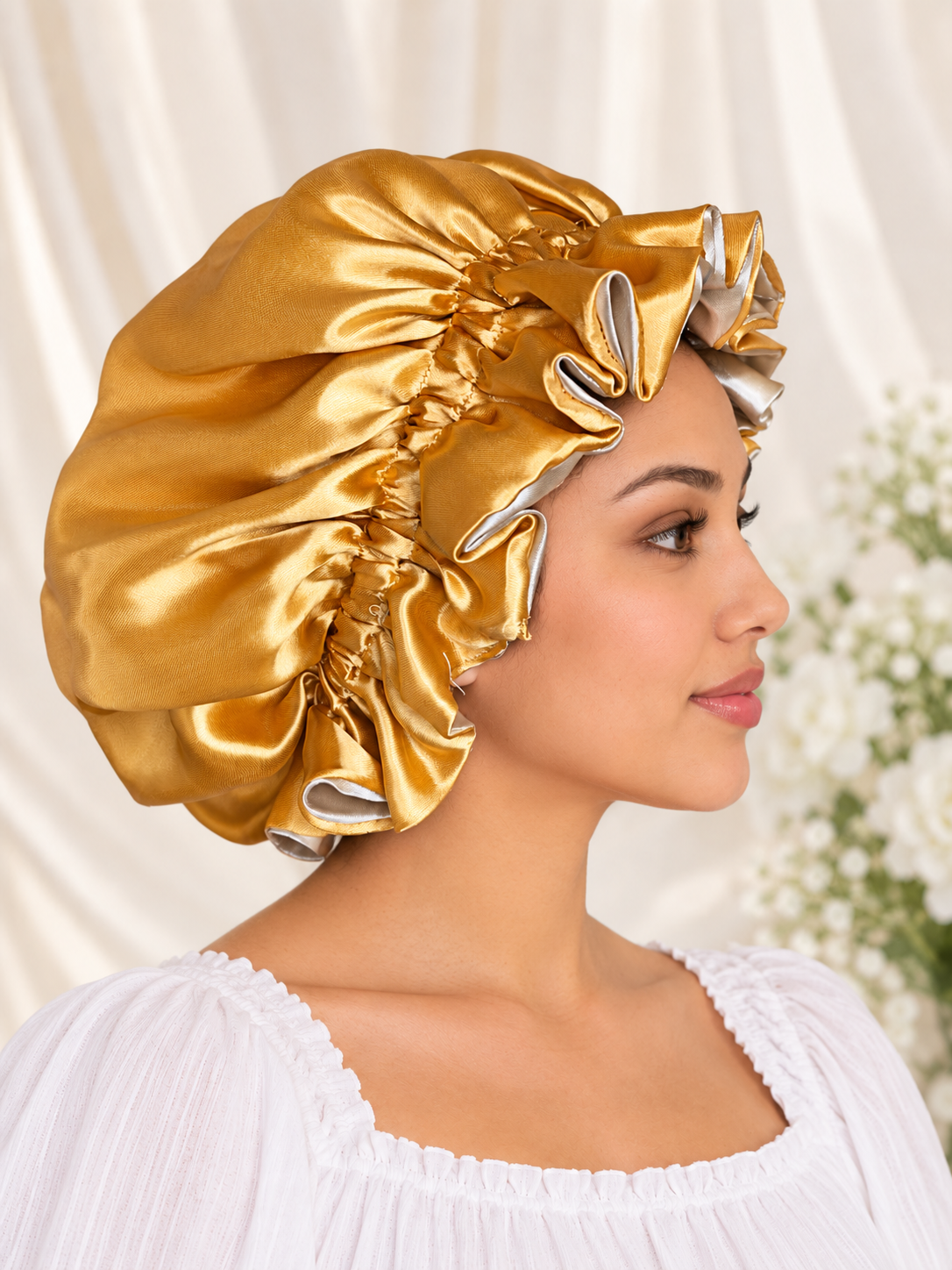 Bonnet en satin réversible or et argent – Fait main double épaisseur