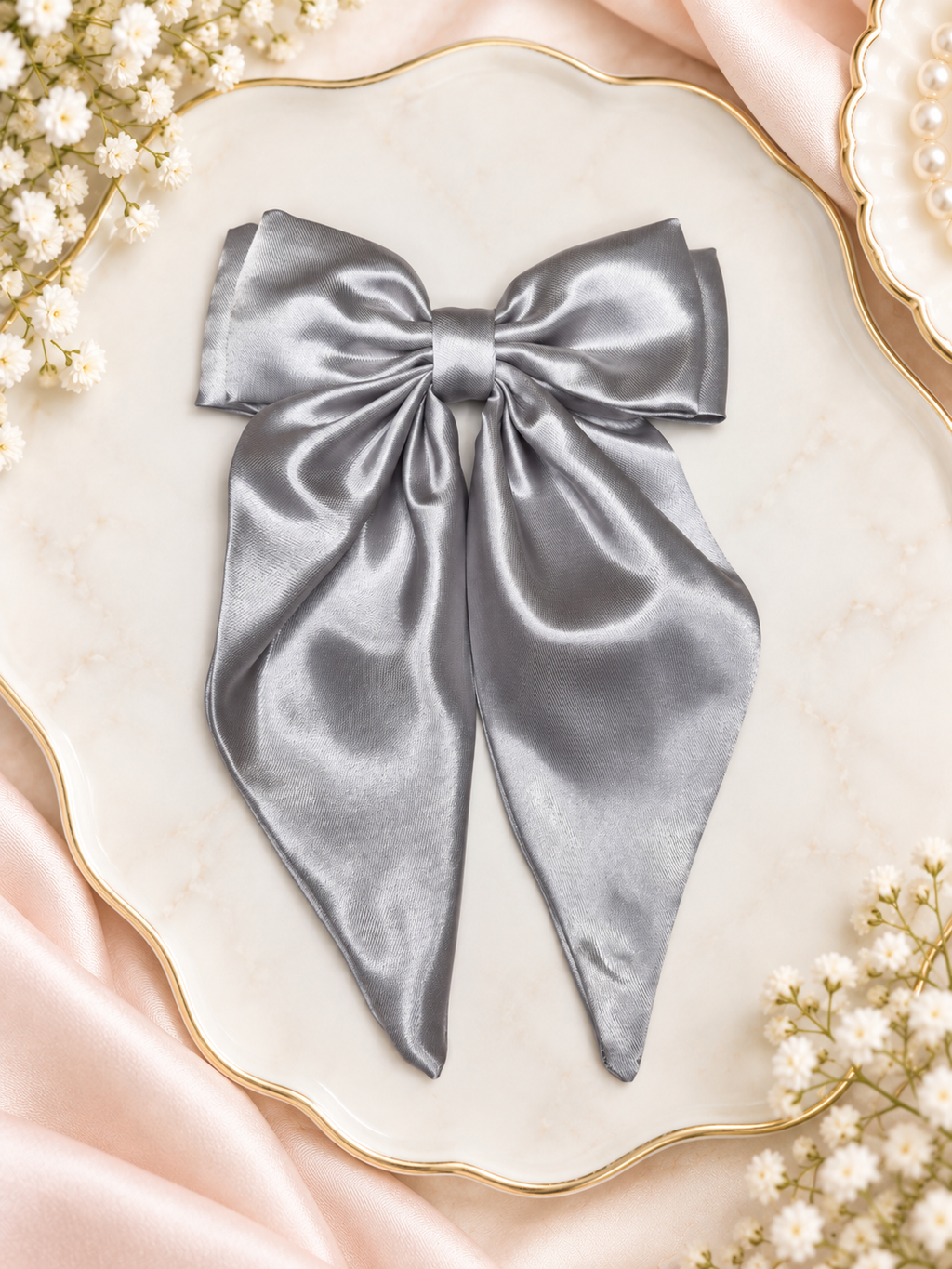 Silver Satin Statement Hair Bow