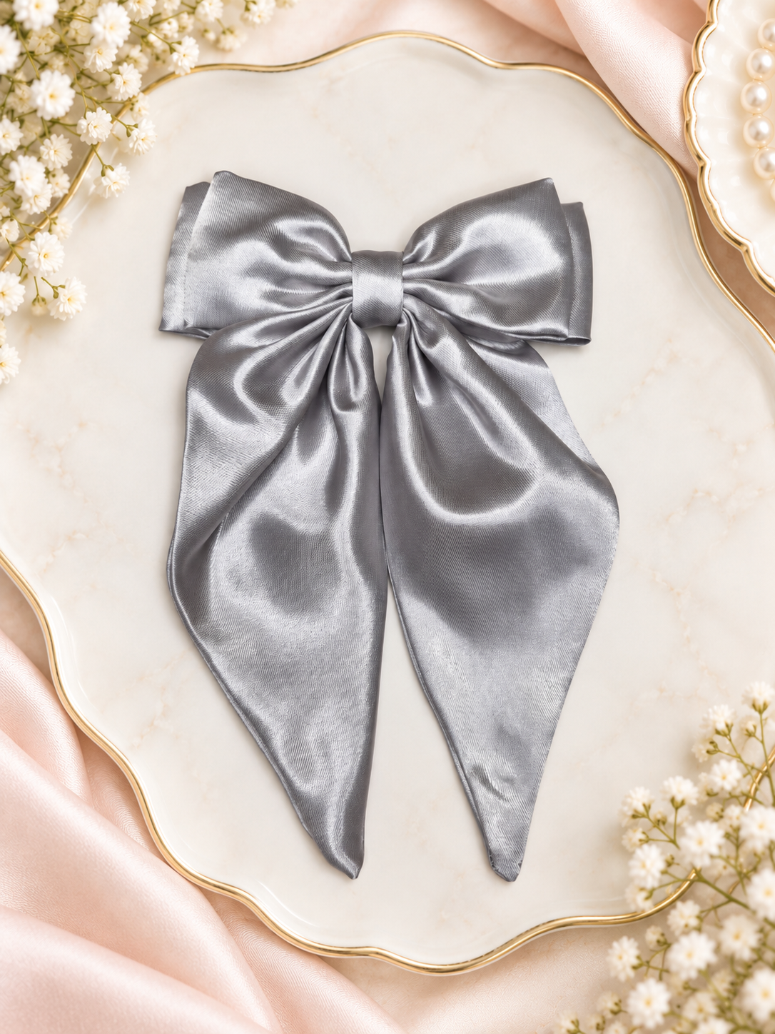 Silver Satin Statement Hair Bow