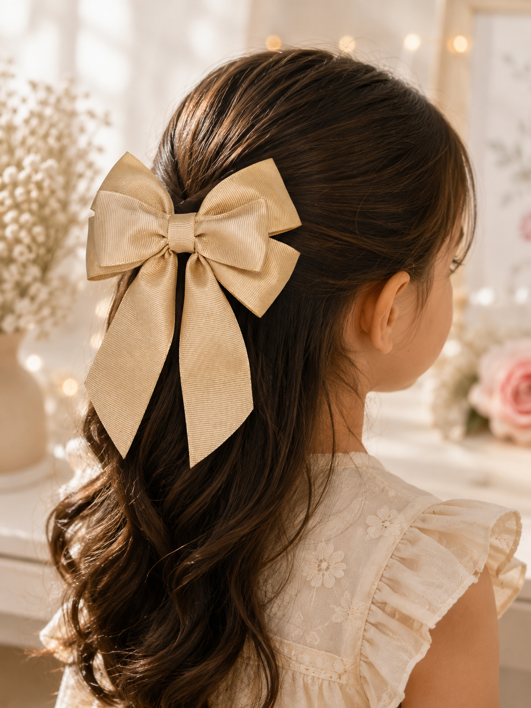 Elegant Layered Grosgrain Bow – Champagne Beige