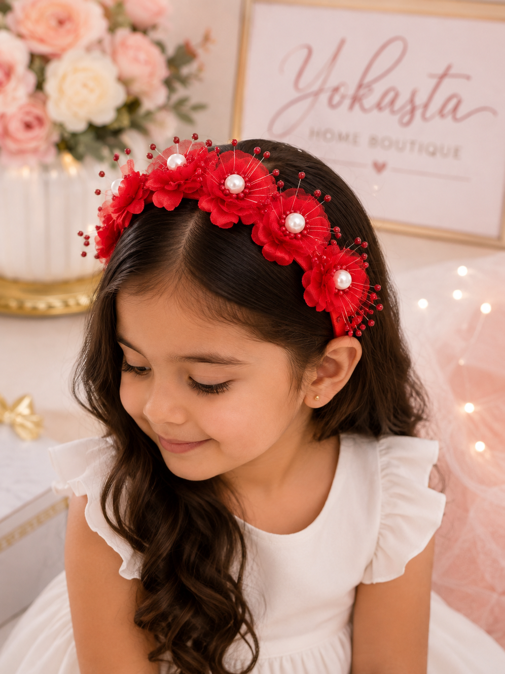 Diadema floral de perlas rojas – Hecha a mano