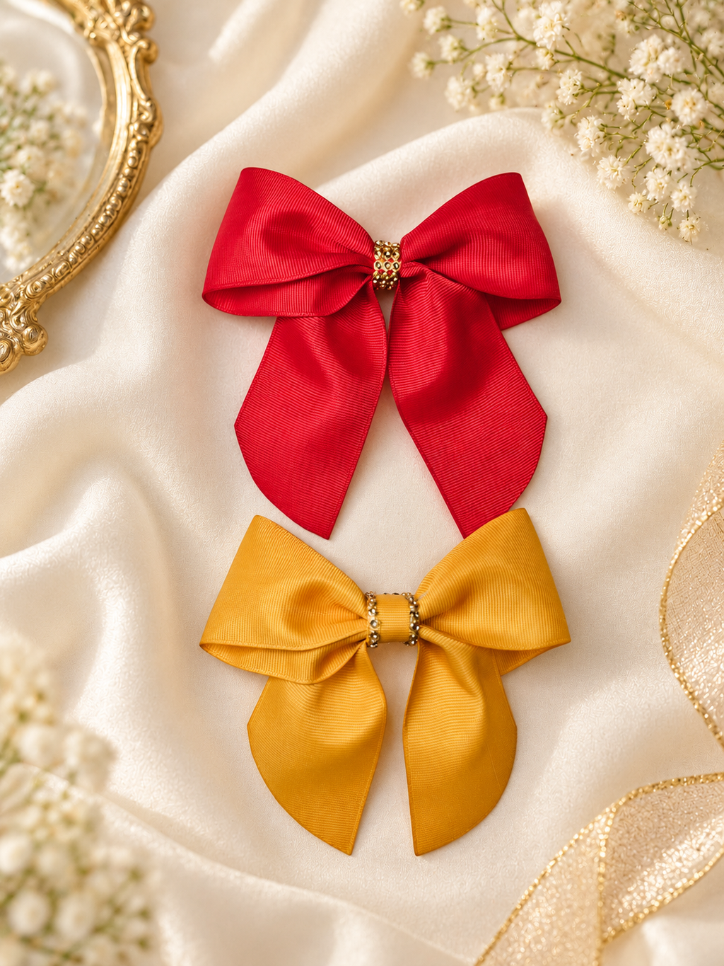Red & Mustard Rhinestone Hair Bow Set – 2 Pack
