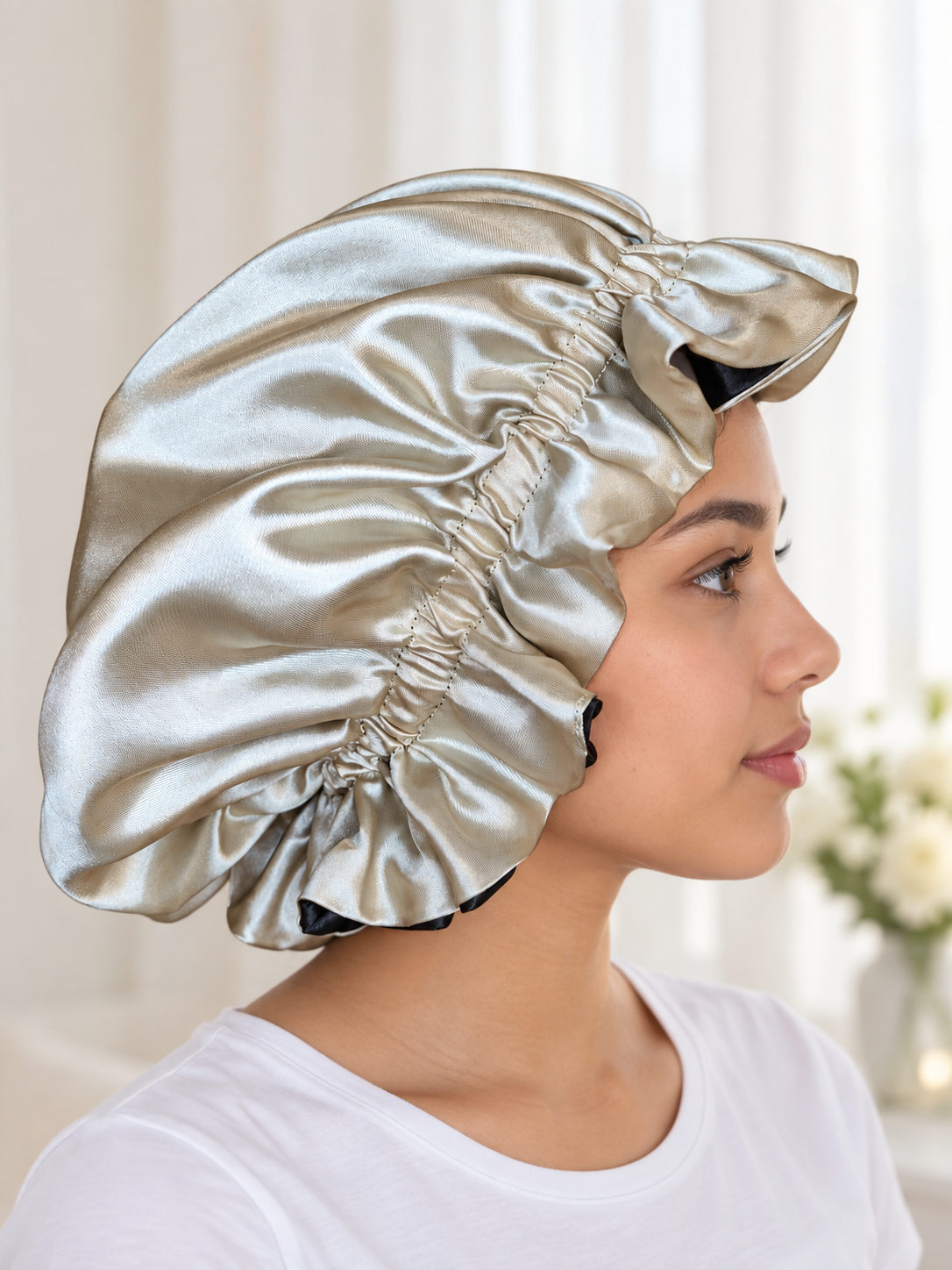Black & Champagne Reversible Satin Bonnet – Handmade