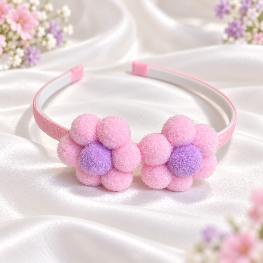 Pink & Lilac Pom-Pom Flower Headband for Girls