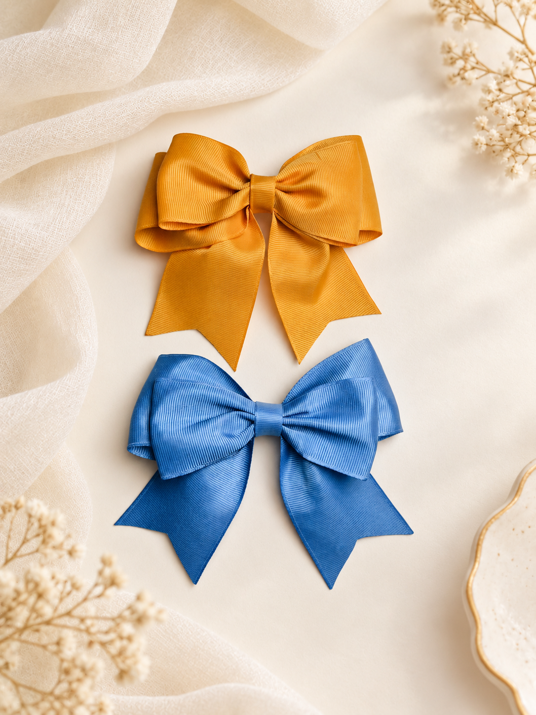 Set of 2 Grosgrain Ribbon Hair Bows – Mustard & Blue