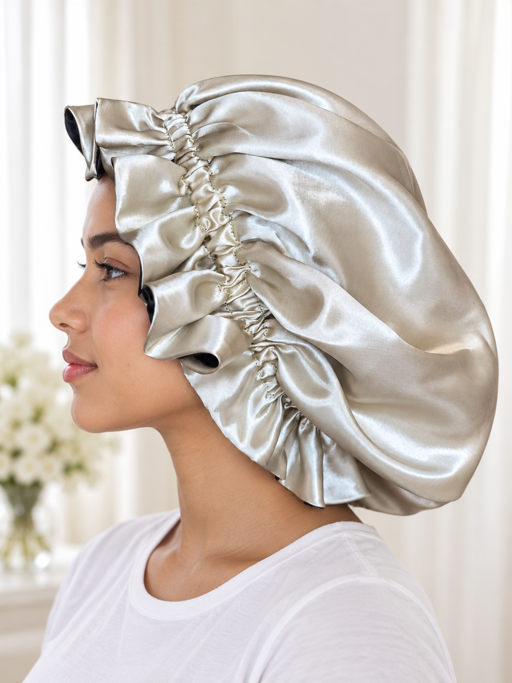 Black & Champagne Reversible Satin Bonnet – Handmade