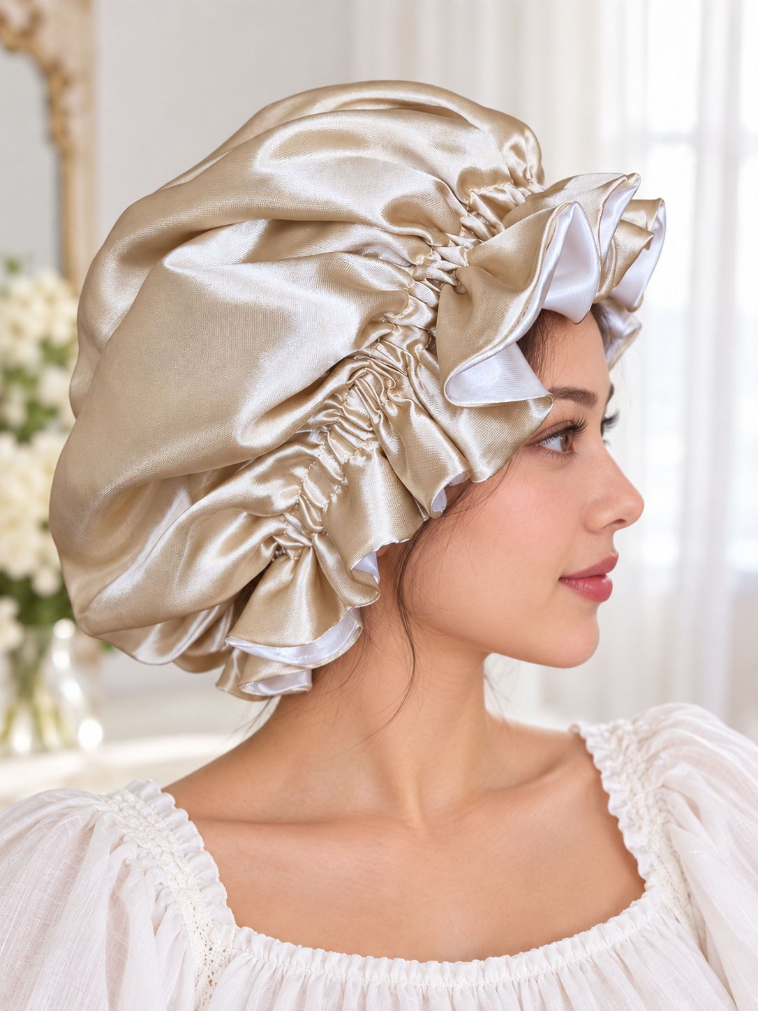 Champagne & White Reversible Satin Bonnet