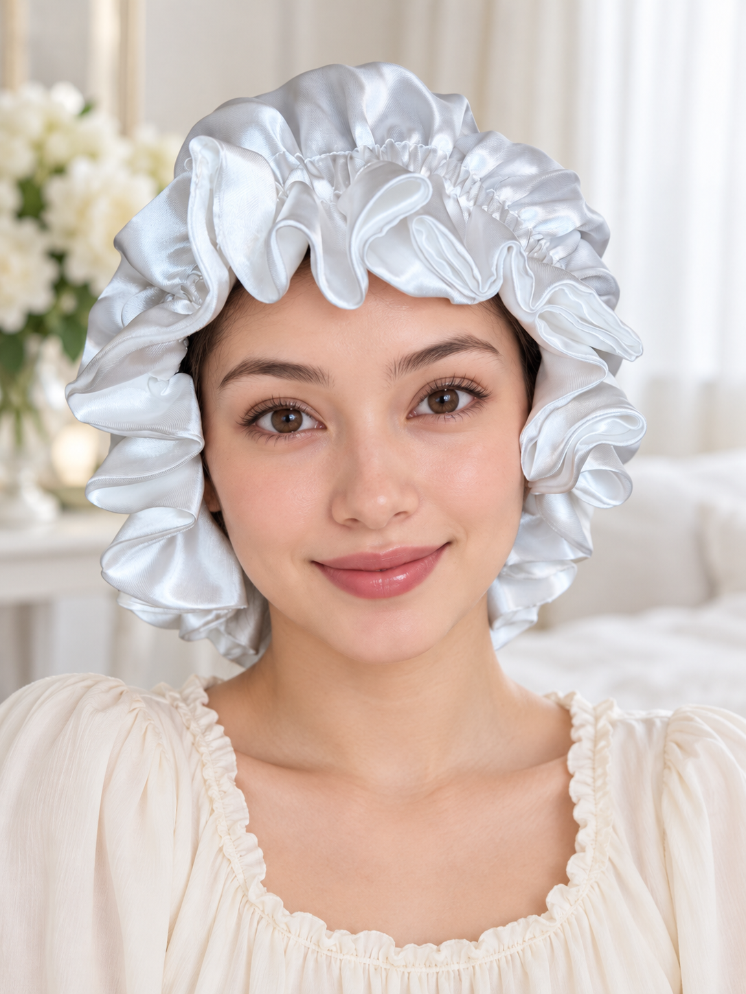 Silver Pearl Ruffle Satin Bonnet – Handmade