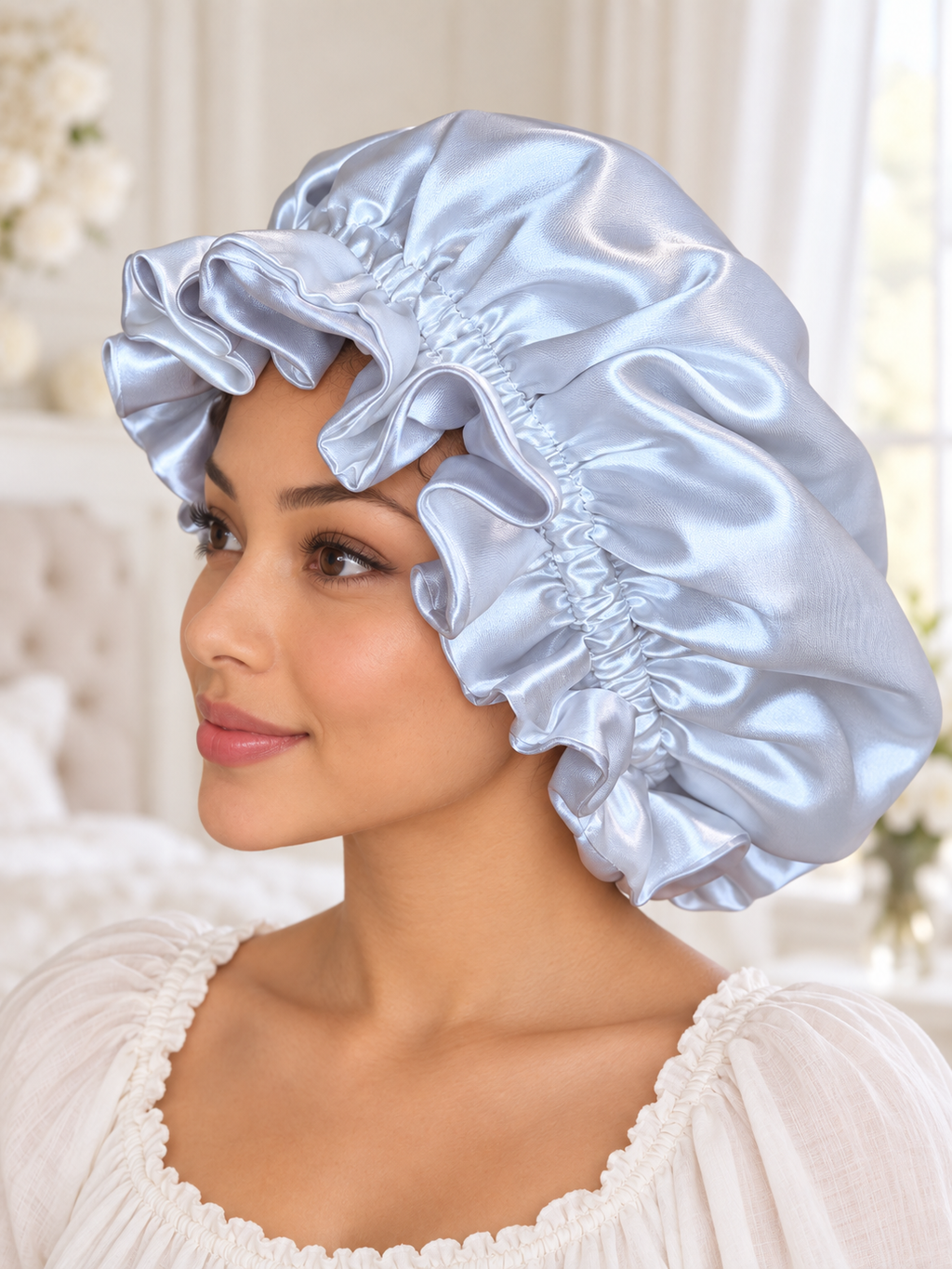 White & Gray Elegance Ruffled Satin Bonnet