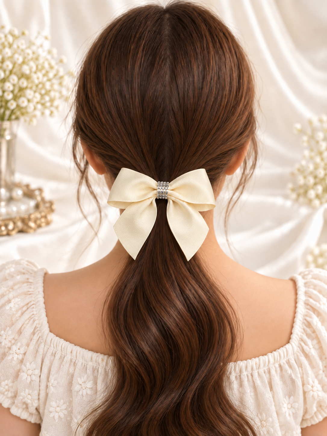 Green & Ivory Rhinestone Bow Clip Set – 2 Handmade Hair Bows