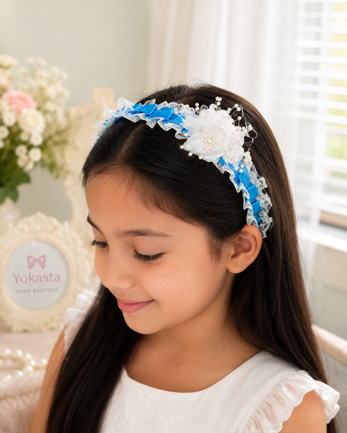 Diadema de encaje de jardín con perlas azules