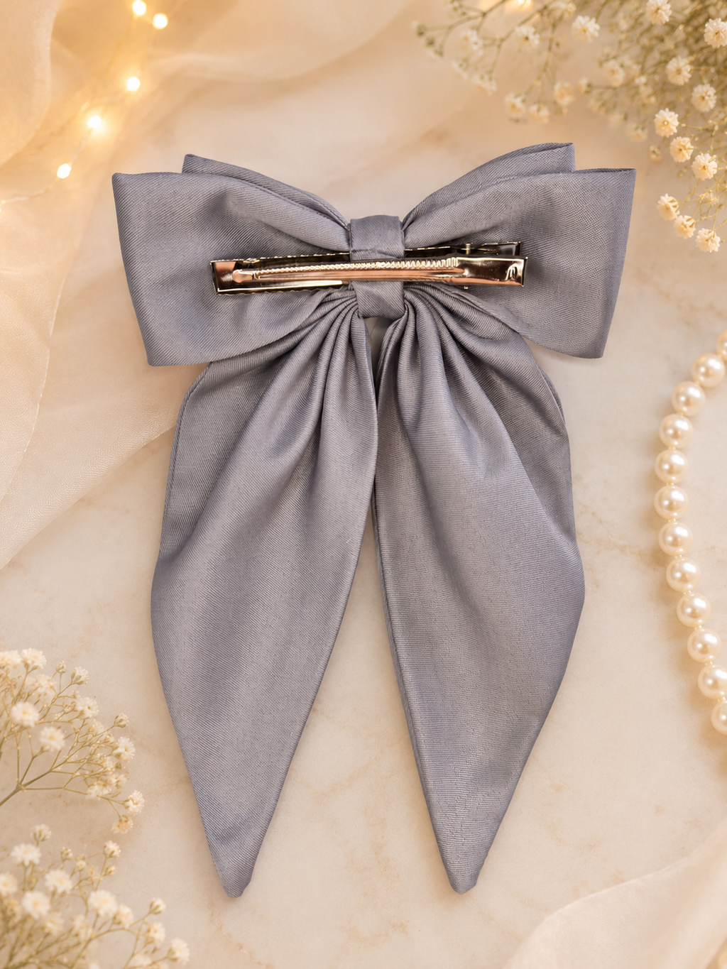 Silver Gray Pearl & Crystal Statement Hair Bow
