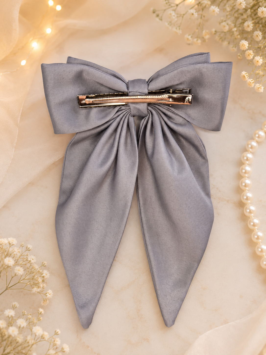 Silver Gray Pearl & Crystal Statement Hair Bow