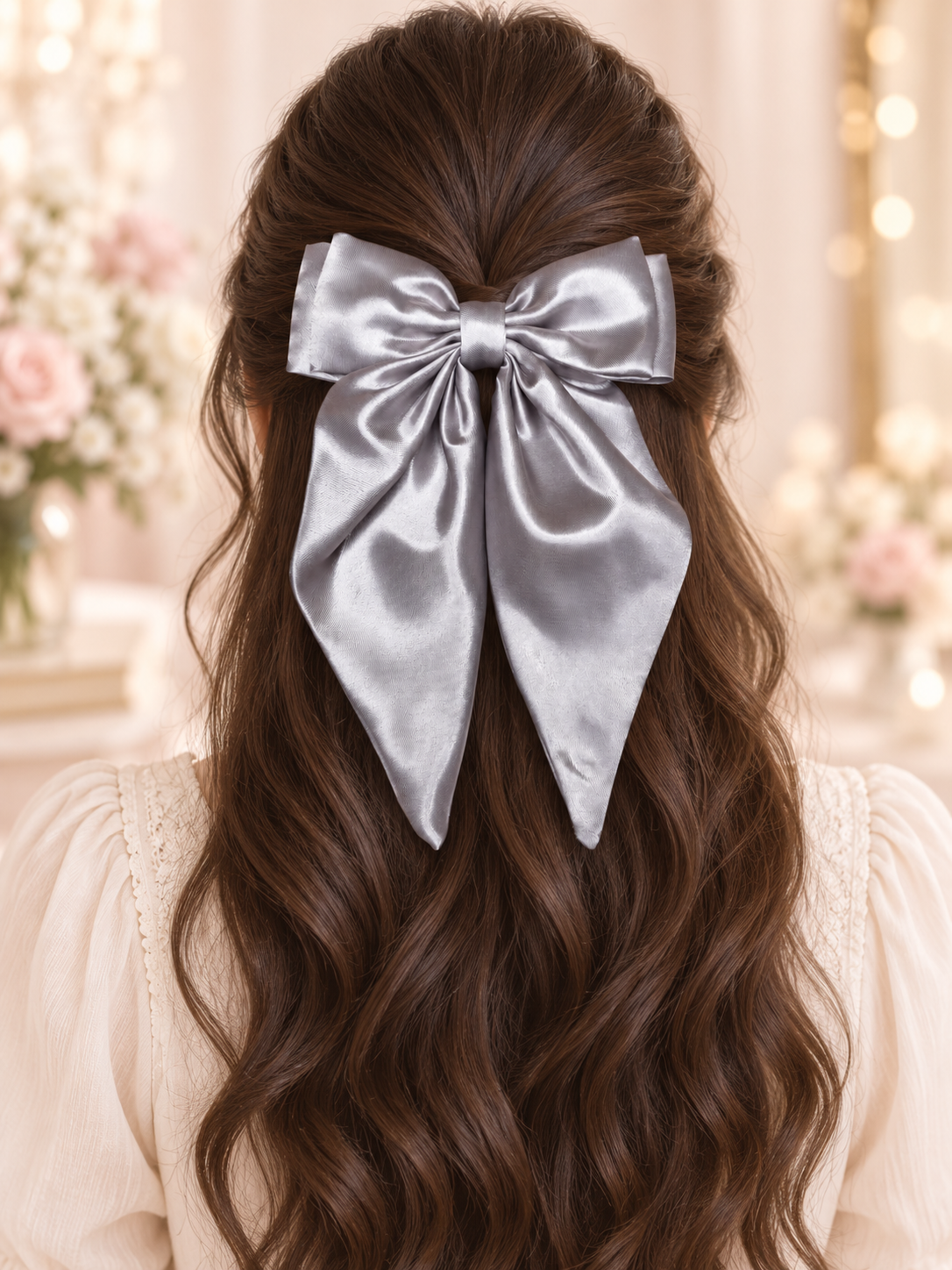 Silver Satin Statement Hair Bow
