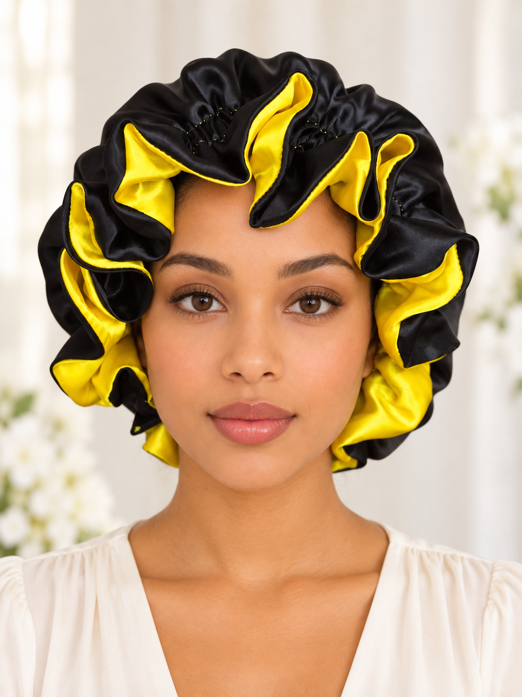 Yellow & Black Satin Ruffle Bonnet
