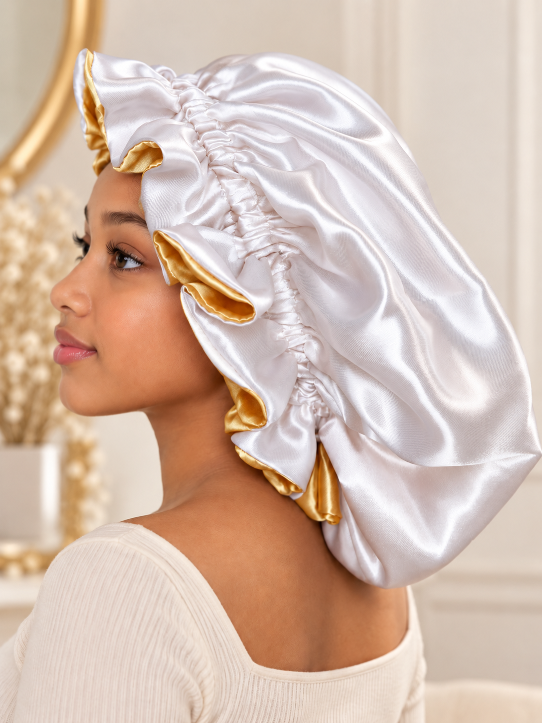 Reversible Satin Bonnet – Gold & White